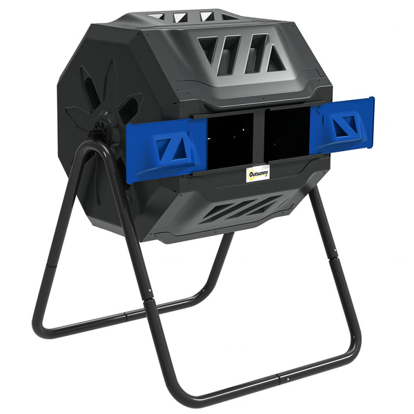 43 Gallon (160L) Tumbling Compost Bin Outdoor Dual Chamber 360° Rotating Composter with Sliding Doors, Solid Steel Frame and Gloves, Blue