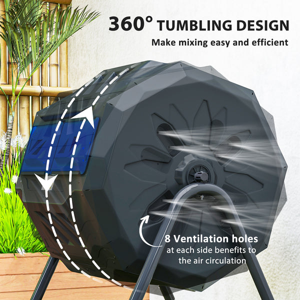 43 Gallon (160L) Tumbling Compost Bin Outdoor Dual Chamber 360° Rotating Composter with Sliding Doors, Solid Steel Frame and Gloves, Blue