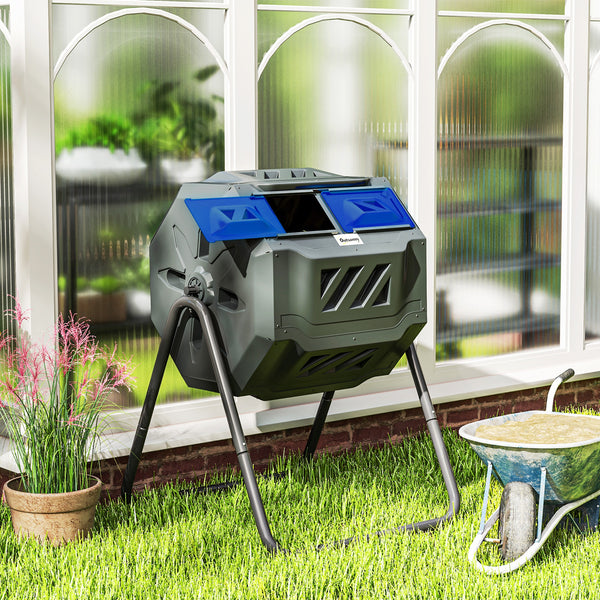 43 Gallon (160L) Tumbling Compost Bin Outdoor Dual Chamber 360° Rotating Composter with Sliding Doors, Solid Steel Frame and Gloves, Blue