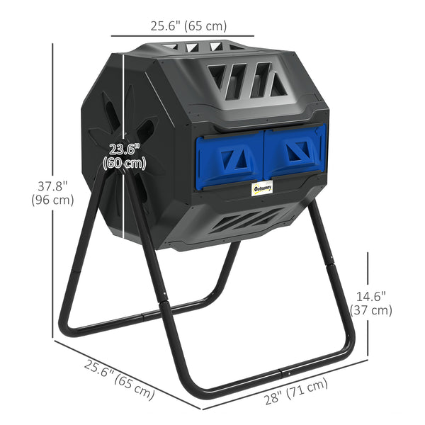 43 Gallon (160L) Tumbling Compost Bin Outdoor Dual Chamber 360° Rotating Composter with Sliding Doors, Solid Steel Frame and Gloves, Blue