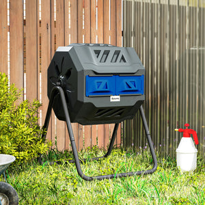 43 Gallon (160L) Tumbling Compost Bin Outdoor Dual Chamber 360° Rotating Composter with Sliding Doors, Solid Steel Frame and Gloves, Blue
