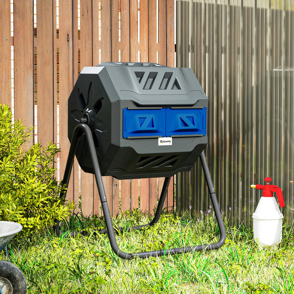 43 Gallon (160L) Tumbling Compost Bin Outdoor Dual Chamber 360° Rotating Composter with Sliding Doors, Solid Steel Frame and Gloves, Blue