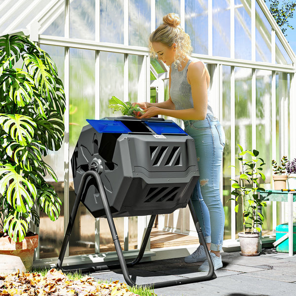 43 Gallon (160L) Tumbling Compost Bin Outdoor Dual Chamber 360° Rotating Composter with Sliding Doors, Solid Steel Frame and Gloves, Blue