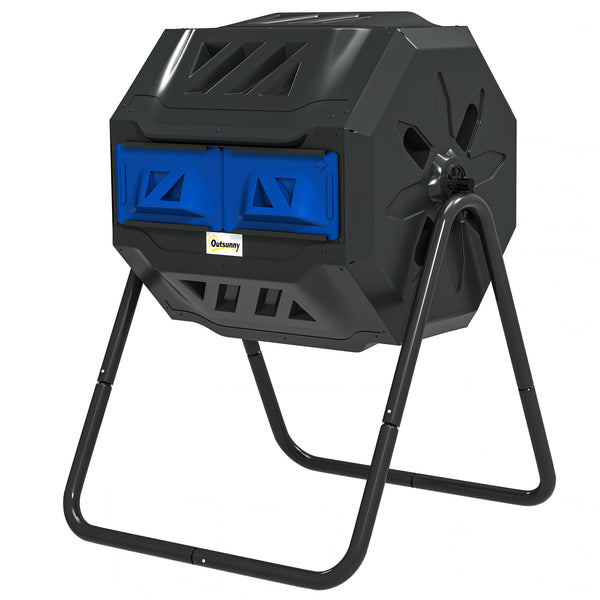 43 Gallon (160L) Tumbling Compost Bin Outdoor Dual Chamber 360° Rotating Composter with Sliding Doors, Solid Steel Frame and Gloves, Blue