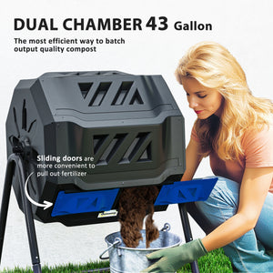 43 Gallon (160L) Tumbling Compost Bin Outdoor Dual Chamber 360° Rotating Composter with Sliding Doors, Solid Steel Frame and Gloves, Blue