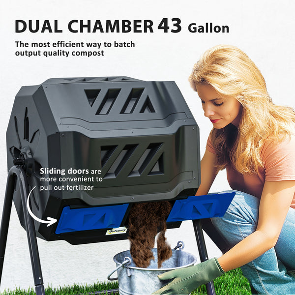 43 Gallon (160L) Tumbling Compost Bin Outdoor Dual Chamber 360° Rotating Composter with Sliding Doors, Solid Steel Frame and Gloves, Blue