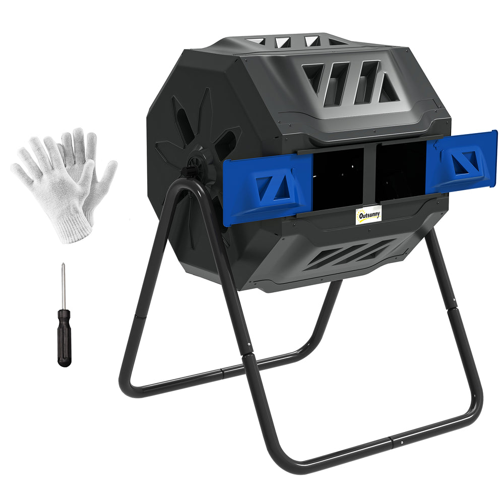 43 Gallon (160L) Tumbling Compost Bin Outdoor Dual Chamber 360° Rotating Composter with Sliding Doors, Solid Steel Frame and Gloves, Blue