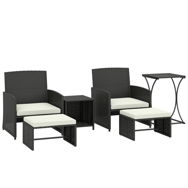 6 Piece Rattan Garden Furniture Set, Space-Saving Patio Furniture Conversation Set with 2 Nesting Tables, 2 Chairs, 2 Footstools, Wicker Outdoor Sofa with Cushions for Balcony Porch, Black