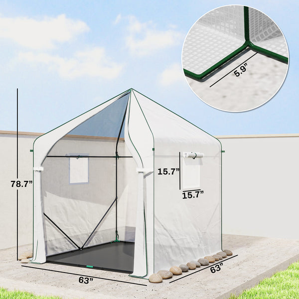 63" x 63" x 78.7" Mini Greenhouse for Outdoors with Roll-up Door and 3 Mesh Windows, Large Plant House with PE Cover and Reinforced Steel Frame, White
