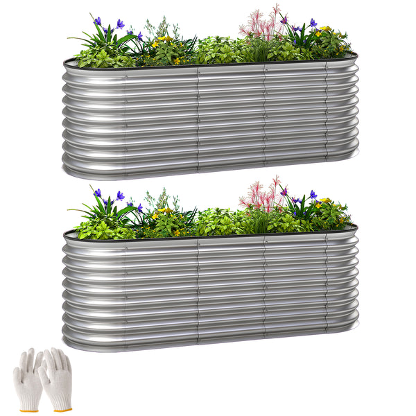 2Pcs Galvanized Raised Garden Bed, 6 x 2 x 2 ft Modular Metal Garden Beds with Rubber Strip Edging, Oval Outdoor Planter Box for Vegetables, Flowers, Herbs, Silver