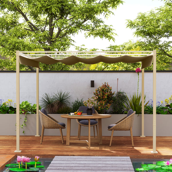3 x 3(m) Garden Pergola with Retractable Roof and Magnetic Fixture, Outdoor Gazebo Pergola Kit Sun Shade Canopy, UPF30+, Khaki