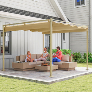 3 x 3(m) Garden Pergola with Retractable Roof and Magnetic Fixture, Outdoor Gazebo Pergola Kit Sun Shade Canopy, UPF30+, Khaki
