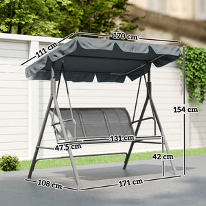 3 Seater Swing Chair, Garden Swing Bench with Adjustable Tilting Canopy, Breathable Mesh Seat and Heavy Duty Metal Frame for Patio, Garden, Dark Grey