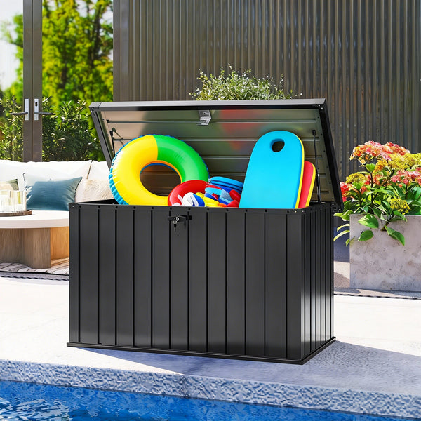 400L Garden Storage Box, Waterproof Metal Outdoor Storage Box with Lockable Lid, Storage Container Furniture Terrace Box, 124 x 66 x 72 cm, Black