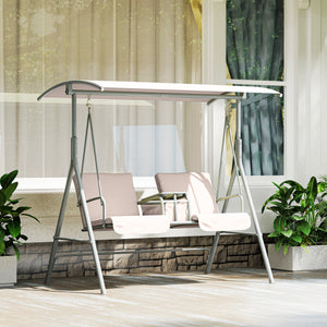 2 Person Porch Swing with Stand, Outdoor Swing with Canopy, Pivot Storage Table, 2 Cup Holders, Cushions for Patio, Backyard, Beige