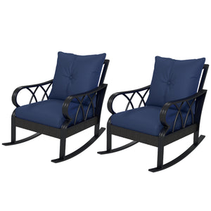 Outsunny 2 Piece Outdoor Wicker Rocking Chairs with Padded Cushions, Aluminum Furniture Rattan Porch Rocker Chairs w/ Armrest for Garden, Patio, and Backyard, Blue