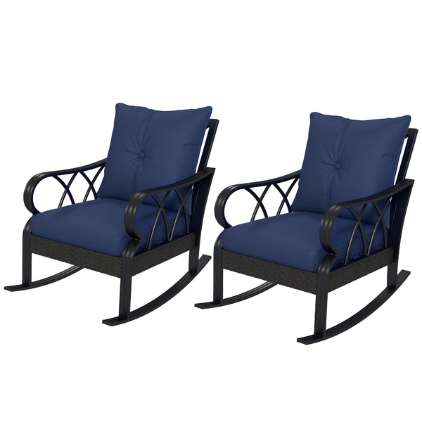 Outsunny 2 Piece Outdoor Wicker Rocking Chairs with Padded Cushions, Aluminum Furniture Rattan Porch Rocker Chairs w/ Armrest for Garden, Patio, and Backyard, Blue