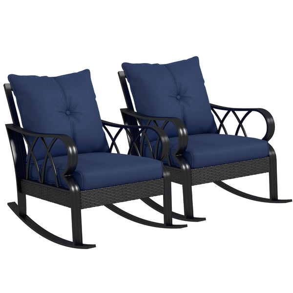 Outsunny 2 Piece Outdoor Wicker Rocking Chairs with Padded Cushions, Aluminum Furniture Rattan Porch Rocker Chairs w/ Armrest for Garden, Patio, and Backyard, Blue