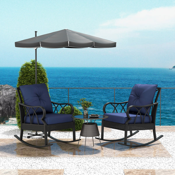 Outsunny 2 Piece Outdoor Wicker Rocking Chairs with Padded Cushions, Aluminum Furniture Rattan Porch Rocker Chairs w/ Armrest for Garden, Patio, and Backyard, Blue