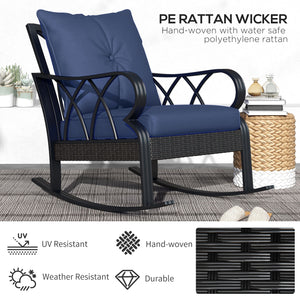 Outsunny 2 Piece Outdoor Wicker Rocking Chairs with Padded Cushions, Aluminum Furniture Rattan Porch Rocker Chairs w/ Armrest for Garden, Patio, and Backyard, Blue