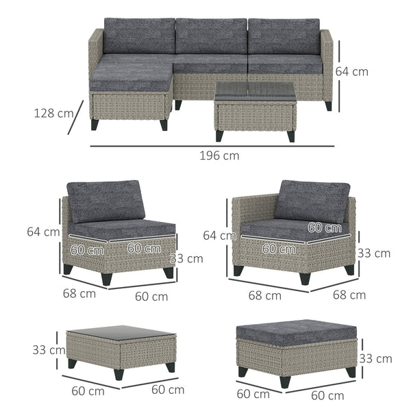 5 Pieces PE Rattan Garden Furniture Set, 4 Seater Garden Corner Sofa Set with Glass Coffee Table, Wicker Outdoor Furniture Set with Cushions for Patio Deck, Dark Grey