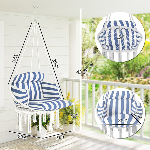 Hammock Swing Chair, Outdoor Hanging Chair with Large Cushion, Cotton Rope Weaving Macrame Swing with Chain, 265 LBS Capacity for Indoor, Outdoor, Bedroom, Patio, Balcony, Blue and White