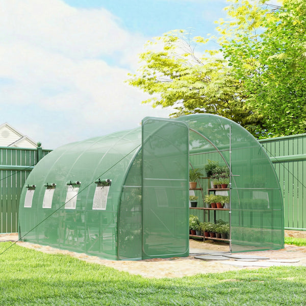 10' x 13' Walk-in Polytunnel Greenhouse with Hinged Door and 8 Roll Up Mesh Windows, Garden Tunnel Warm House Tent with UV-resistant PE Cover, Galvanised Steel Frame, Green