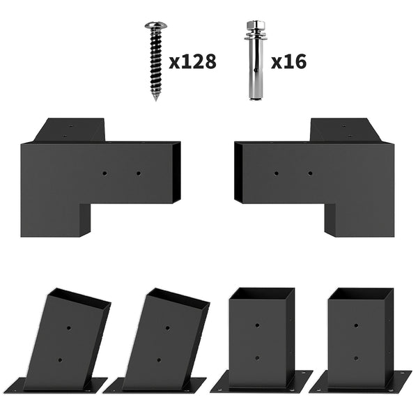 Pergola Kit, 15° Slanted Roof Pergola Bracket Kit with 2 3-Way Corner Brackets, 2 Post Bases, 2 Wall Mounts for 4"x 4" (Actual 3.6" X 3.6") Lumber, 6 PCS DIY Hardware with Screws, Black