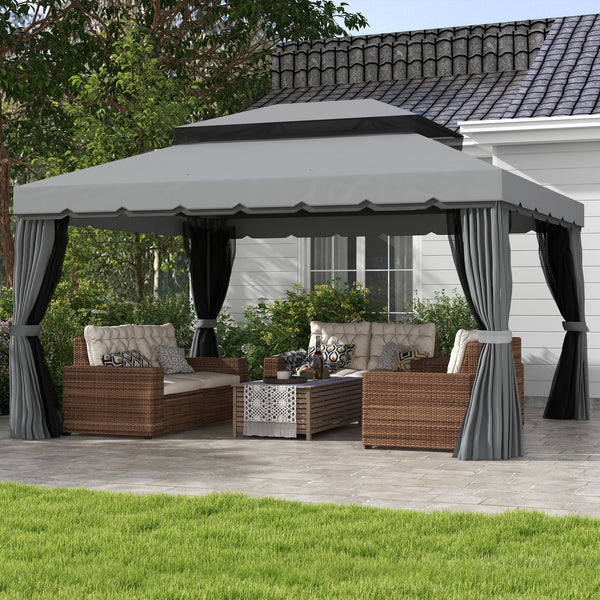 Outsunny 10' x 13' Patio Gazebo, Outdoor Gazebo Canopy Shelter with Netting and Curtains, Aluminum Frame for Garden, Lawn, Backyard and Deck, Gray