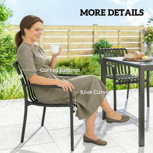Stackable Patio Chairs Set of 4, Outdoor Patio Dining Chairs with Curved Backrest, Slatted Seat and Armrest for Indoor, Outdoor, Balcony, Deck, Garden,  Plastic, Black