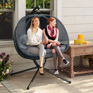 Double Egg Chair with Stand, 2 Person Hanging Swing Egg Chair Outdoor Indoor, 528 LBS Capacity Loveseat Hammock Swing with Cushion, Pockets, Grey