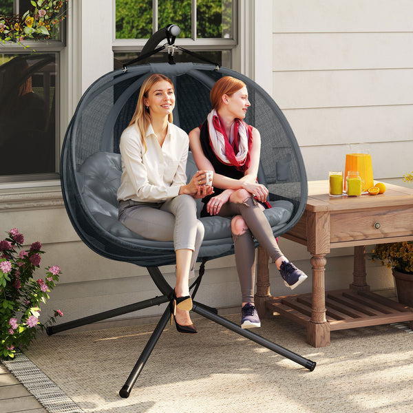 Double Egg Chair with Stand, 2 Person Hanging Swing Egg Chair Outdoor Indoor, 528 LBS Capacity Loveseat Hammock Swing with Cushion, Pockets, Grey