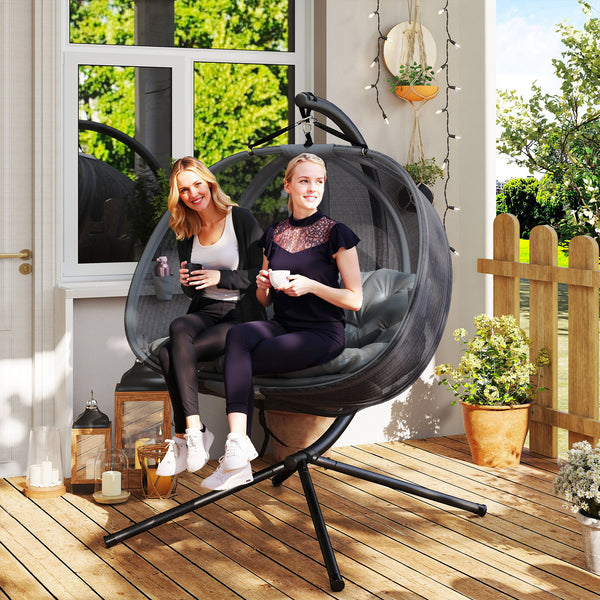 Double Egg Chair with Stand, 2 Person Hanging Swing Egg Chair Outdoor Indoor, 528 LBS Capacity Loveseat Hammock Swing with Cushion, Pockets, Grey