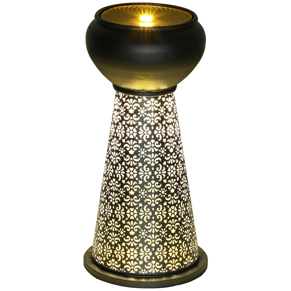 28" Tall Outdoor Water Fountain with LED Lights, Bowl Garden Waterfall Fountain with Adjustable Flow, Outdoor Water Feature with Cut-out Floral Base, Dark Grey and Yellow