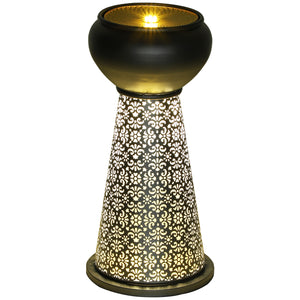 28" Tall Outdoor Water Fountain with LED Lights, Bowl Garden Waterfall Fountain with Adjustable Flow, Outdoor Water Feature with Cut-out Floral Base, Dark Grey and Yellow