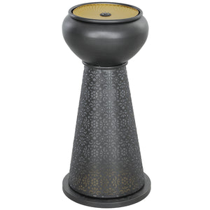 28" Tall Outdoor Water Fountain with LED Lights, Bowl Garden Waterfall Fountain with Adjustable Flow, Outdoor Water Feature with Cut-out Floral Base, Dark Grey and Yellow