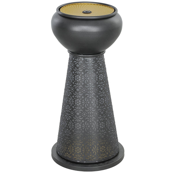 28" Tall Outdoor Water Fountain with LED Lights, Bowl Garden Waterfall Fountain with Adjustable Flow, Outdoor Water Feature with Cut-out Floral Base, Dark Grey and Yellow