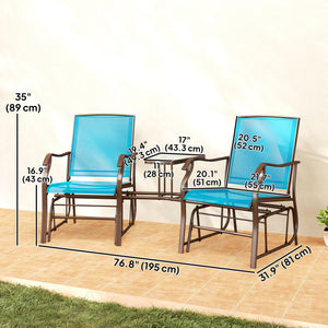 Double Patio Glider Chair with Glass Top Center Table, Outdoor Glider Loveseat with High Back,  All Weather Breathable Mesh Fabric for Garden, Backyard, Deck, Blue