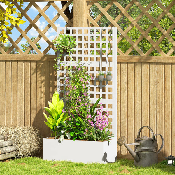 Outsunny Galvanized Raised Garden Bed with Trellis, Metal Planter Box with Drainage Holes, Outdoor Privacy Screen for Climbing Plants, Vegetable, Vines, 35" x 16" x 70", White