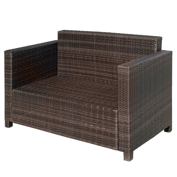 Rattan Sofa, 2 Seater Garden Furniture with Soft Padded Cushion and Armrests, Wicker Garden Loveseat for Patio, Mixed Brown