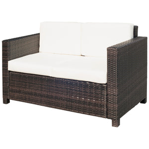 Rattan Sofa, 2 Seater Garden Furniture with Soft Padded Cushion and Armrests, Wicker Garden Loveseat for Patio, Mixed Brown