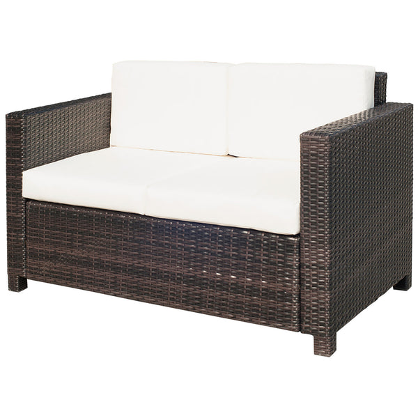 Rattan Sofa, 2 Seater Garden Furniture with Soft Padded Cushion and Armrests, Wicker Garden Loveseat for Patio, Mixed Brown