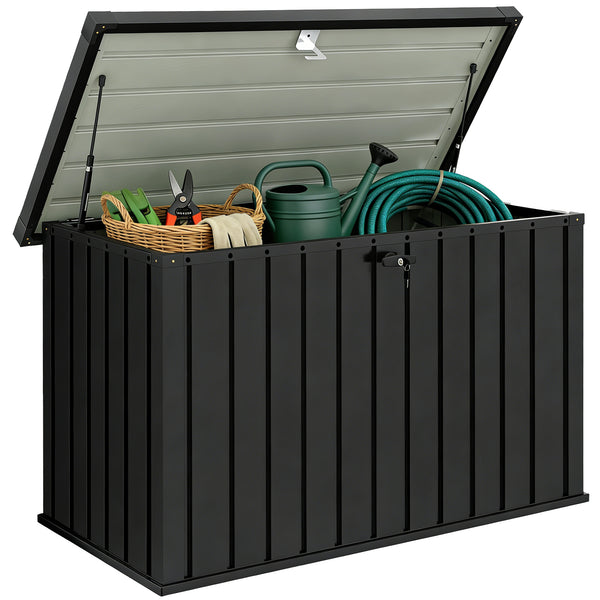 400L Garden Storage Box, Waterproof Metal Outdoor Storage Box with Lockable Lid, Storage Container Furniture Terrace Box, 124 x 66 x 72 cm, Black