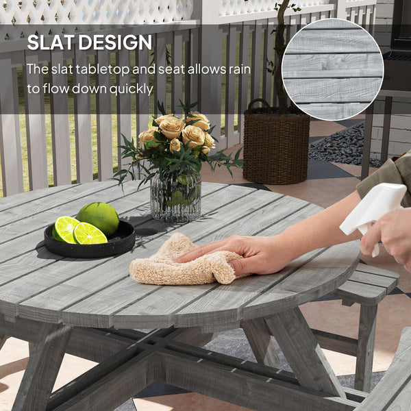 Wooden Patio Dining Set for 8 People, Outdoor Table and Benches Set with 4 Double-Seat Benches & Round Picnic Table (Umbrella Not Included), Φ70.1" x 27.6" H, Grey