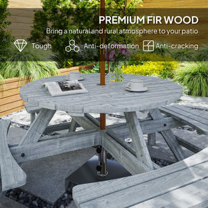 Wooden Patio Dining Set for 8 People, Outdoor Table and Benches Set with 4 Double-Seat Benches & Round Picnic Table (Umbrella Not Included), Φ70.1" x 27.6" H, Grey
