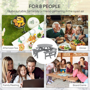 Wooden Patio Dining Set for 8 People, Outdoor Table and Benches Set with 4 Double-Seat Benches & Round Picnic Table (Umbrella Not Included), Φ70.1" x 27.6" H, Grey