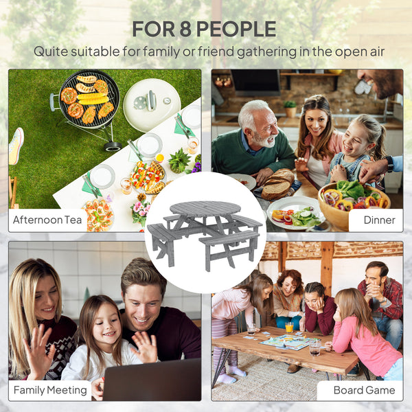 Wooden Patio Dining Set for 8 People, Outdoor Table and Benches Set with 4 Double-Seat Benches & Round Picnic Table (Umbrella Not Included), Φ70.1" x 27.6" H, Grey