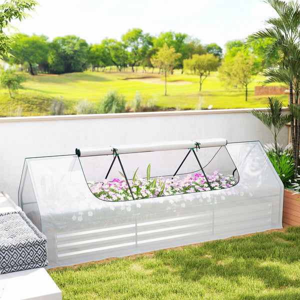 Outsunny 8.6 x 3 x 1ft Raised Garden Bed with Mini Greenhouse, Galvanized Raised Garden Bed with Cover for Herbs and Vegetables, Small Greenhouse for Patio Garden Balcony, White and Silver