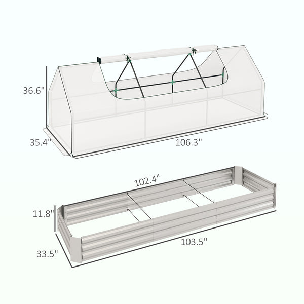 Outsunny 8.6 x 3 x 1ft Raised Garden Bed with Mini Greenhouse, Galvanized Raised Garden Bed with Cover for Herbs and Vegetables, Small Greenhouse for Patio Garden Balcony, White and Silver