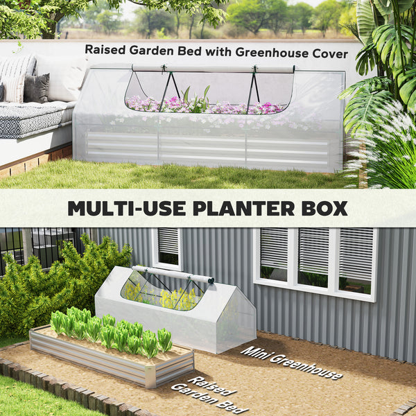 Outsunny 8.6 x 3 x 1ft Raised Garden Bed with Mini Greenhouse, Galvanized Raised Garden Bed with Cover for Herbs and Vegetables, Small Greenhouse for Patio Garden Balcony, White and Silver